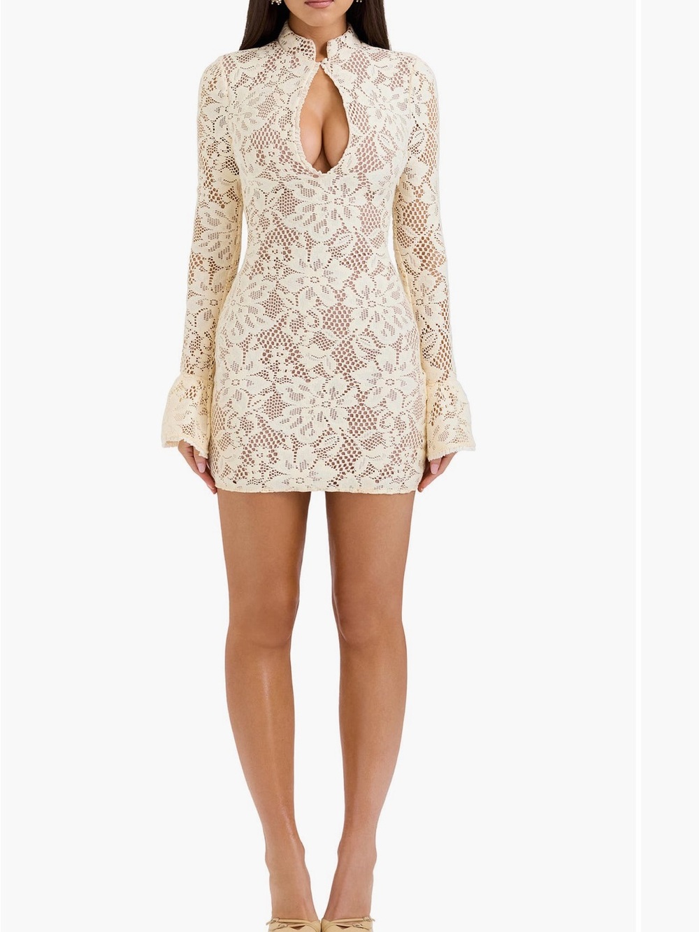 House of CB Cream Lace Long-Sleeve Keyhole Mini Dress